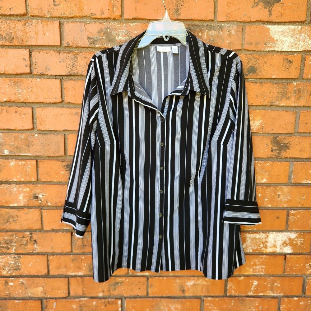 3/4 Length Sleeves Button Front Blouse Black White Stripe Woman's Size 1X - Picture 1 of 6